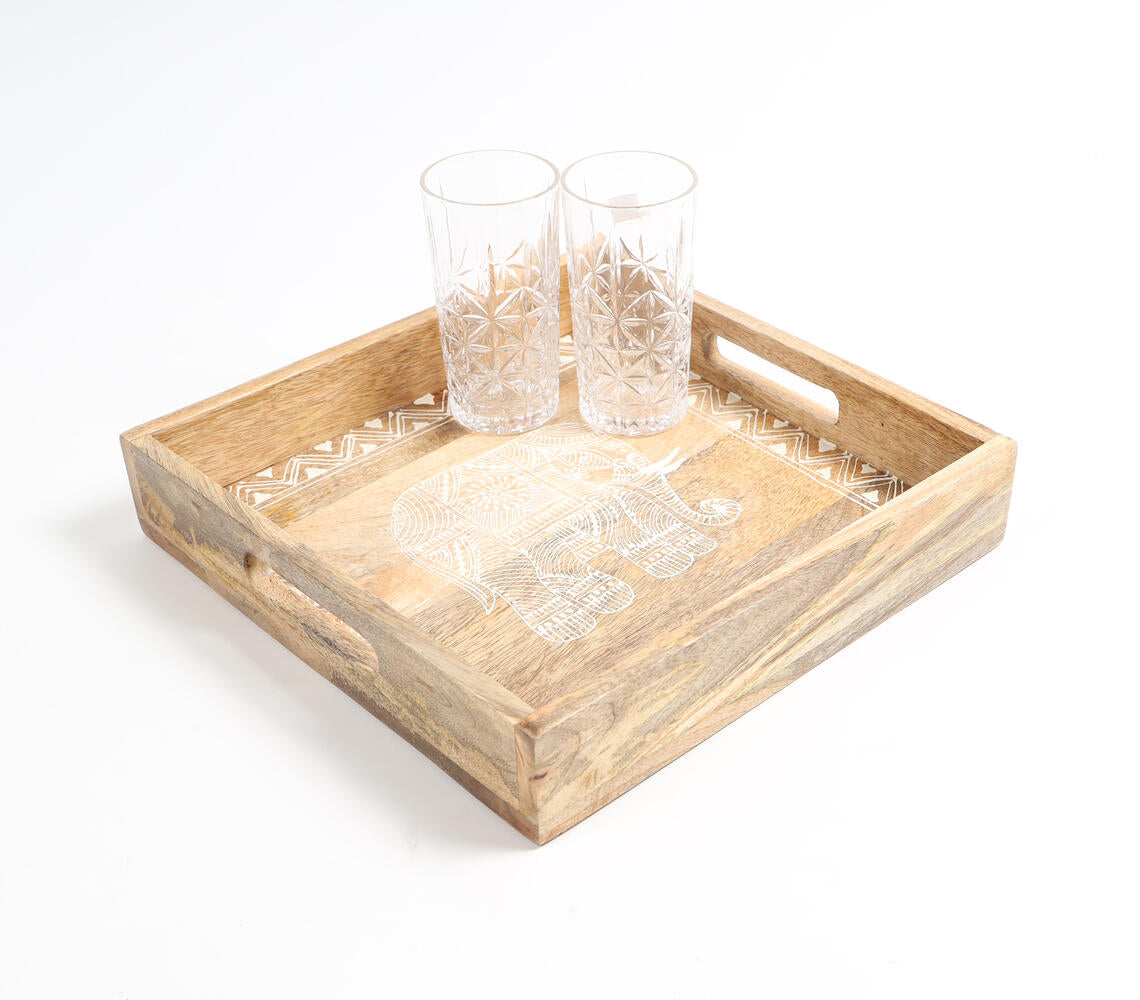 Elephant Motif Hand Painted Wooden Tray