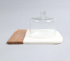 White Marble & Wood Colorblock Cake Platter With Glass Dome
