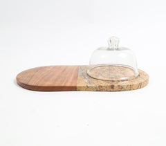 Marble & Wood Capsule-Shaped Cake Platter With Glass Dome
