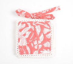 Block Printed Fiery Floral Cotton Coasters with Lace trims (set of 6)