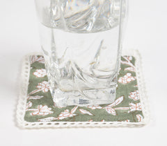 Block Printed Olive Floral Cotton Coasters with Lace trims (set of 6)