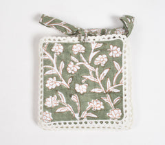 Block Printed Olive Floral Cotton Coasters with Lace trims (set of 6)