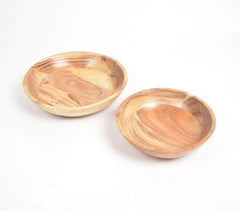 Earthy Natural Turned Acacia Wood Pasta Bowls (Set of 2)
