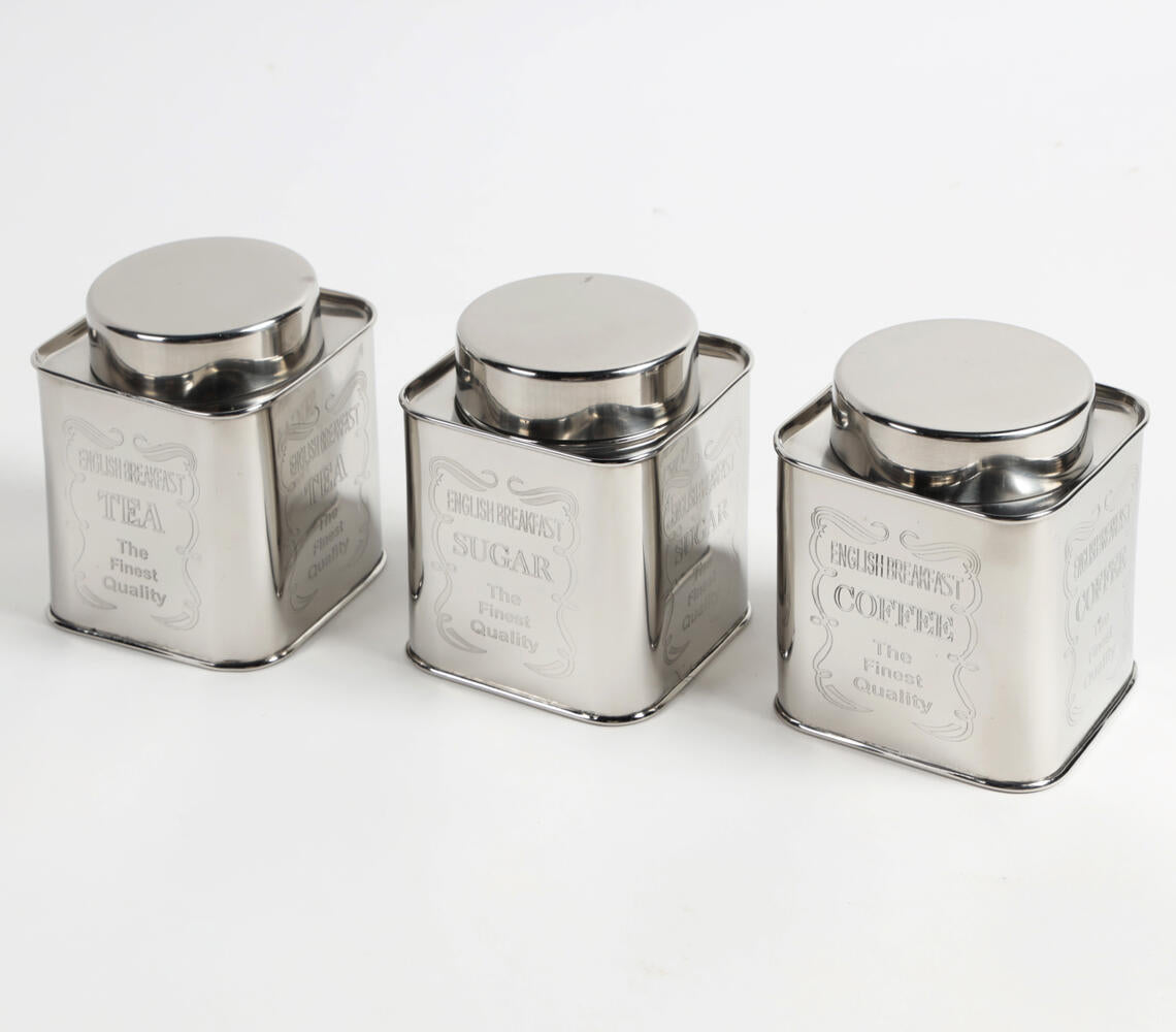 Engraved Tea Coffee & Sugar Steel Jars (Set of 3)