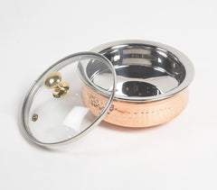 Hammered Copper & Steel rice bowl with glass lid (small)