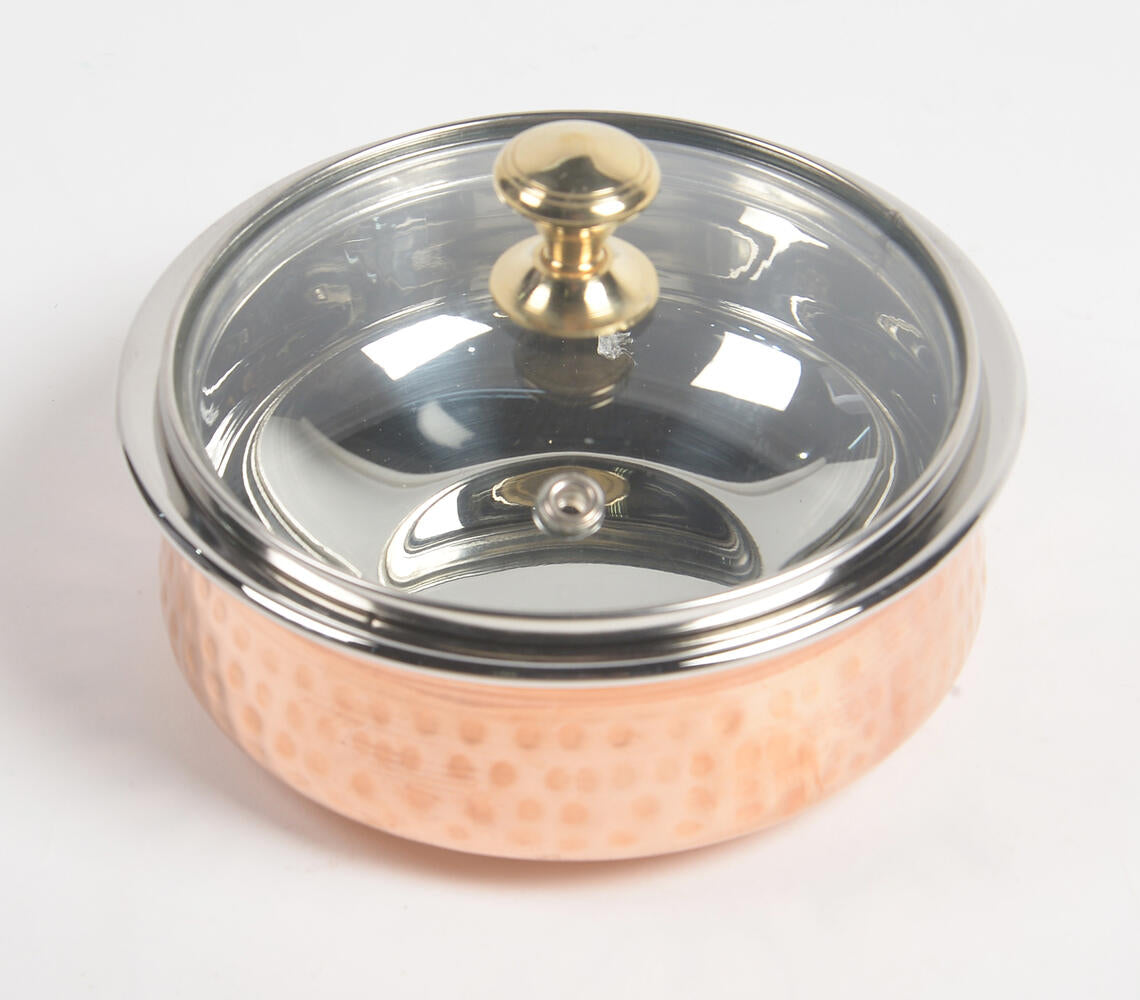 Hammered Copper & Steel rice bowl with glass lid (medium)