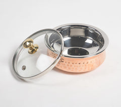 Hammered Copper & Steel rice bowl with glass lid (medium)