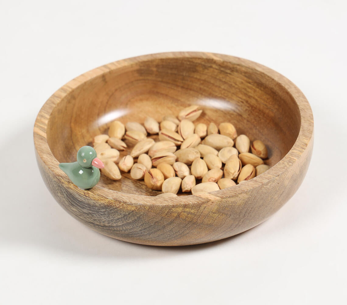 Turned Mango Wood Classic Bowl with Bird Figurine