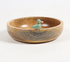 Turned Mango Wood Classic Bowl with Bird Figurine