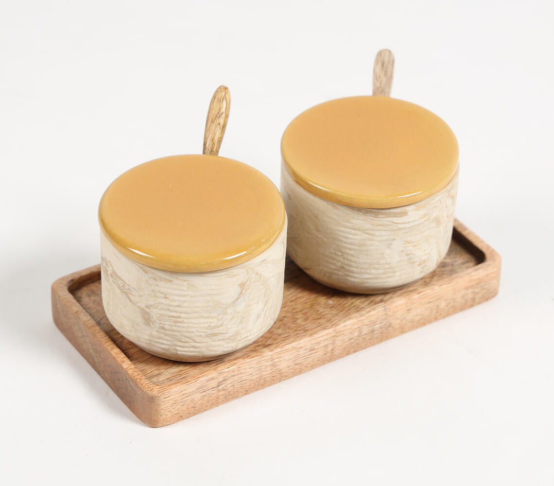 Set of Ceramic Condiment Bowls With Wooden Spoons