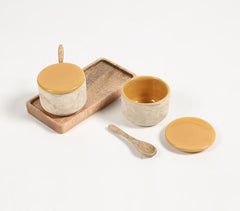 Set of Ceramic Condiment Bowls With Wooden Spoons