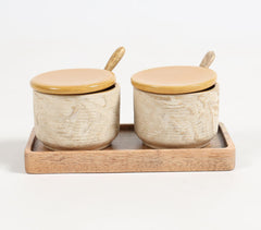 Set of Ceramic Condiment Bowls With Wooden Spoons