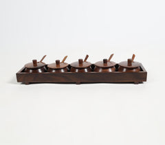 Turned Rosewood Set of 5 Condiment Pots & Spoons with Tray