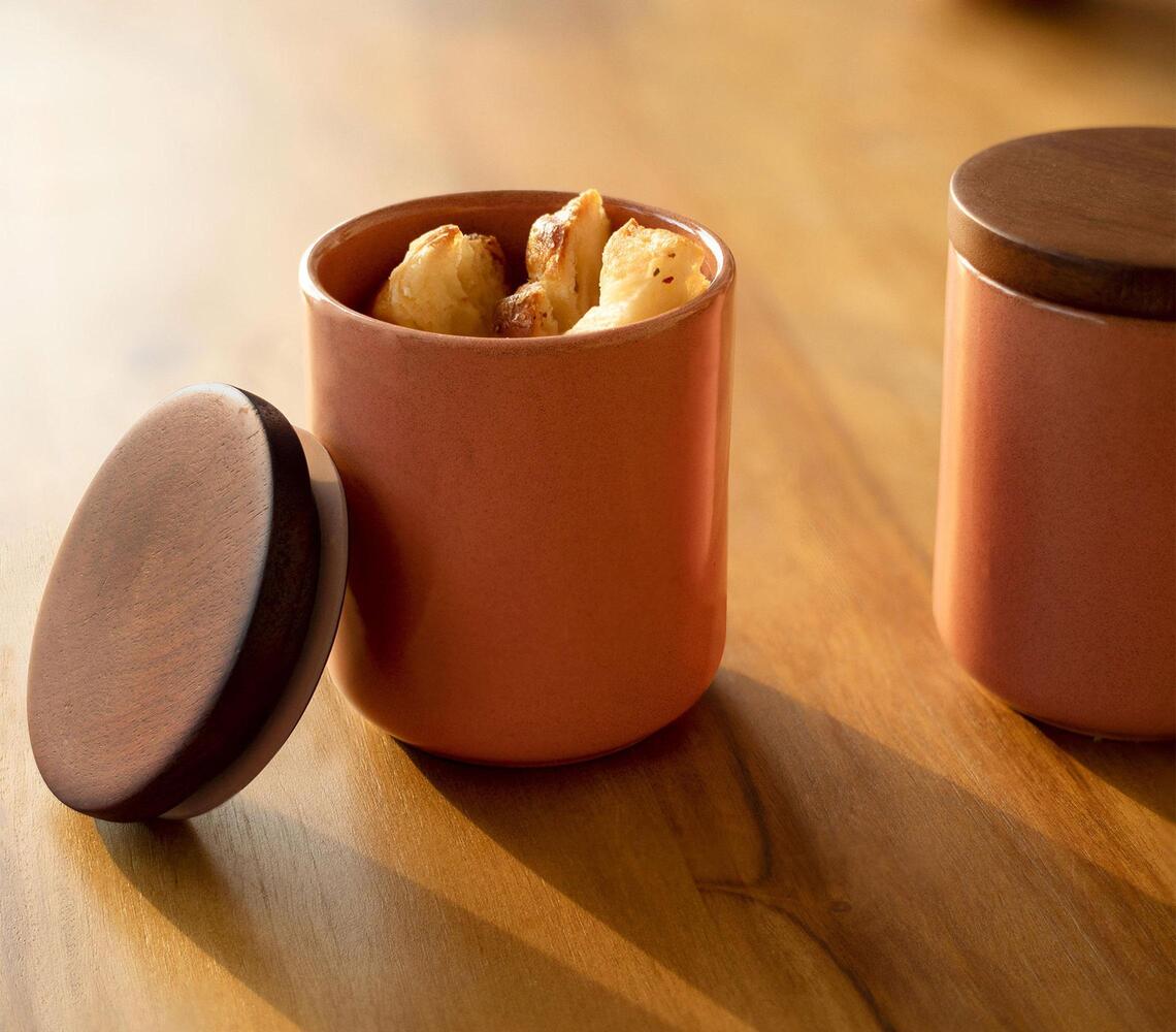 Pink Minimal Ceramic Jar with Wooden Lid