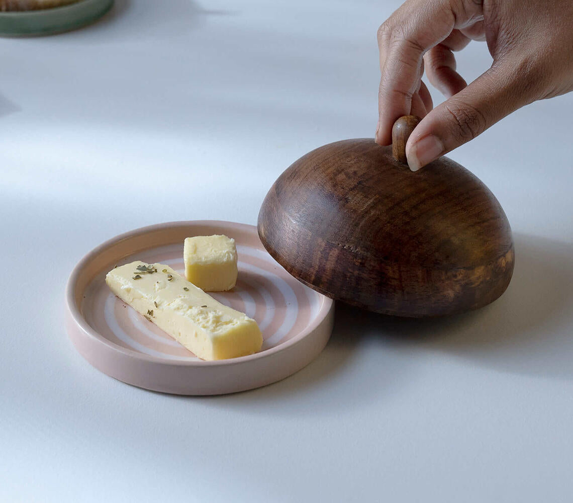 Handmade Ceramic Butter Keeper with Wooden Lid