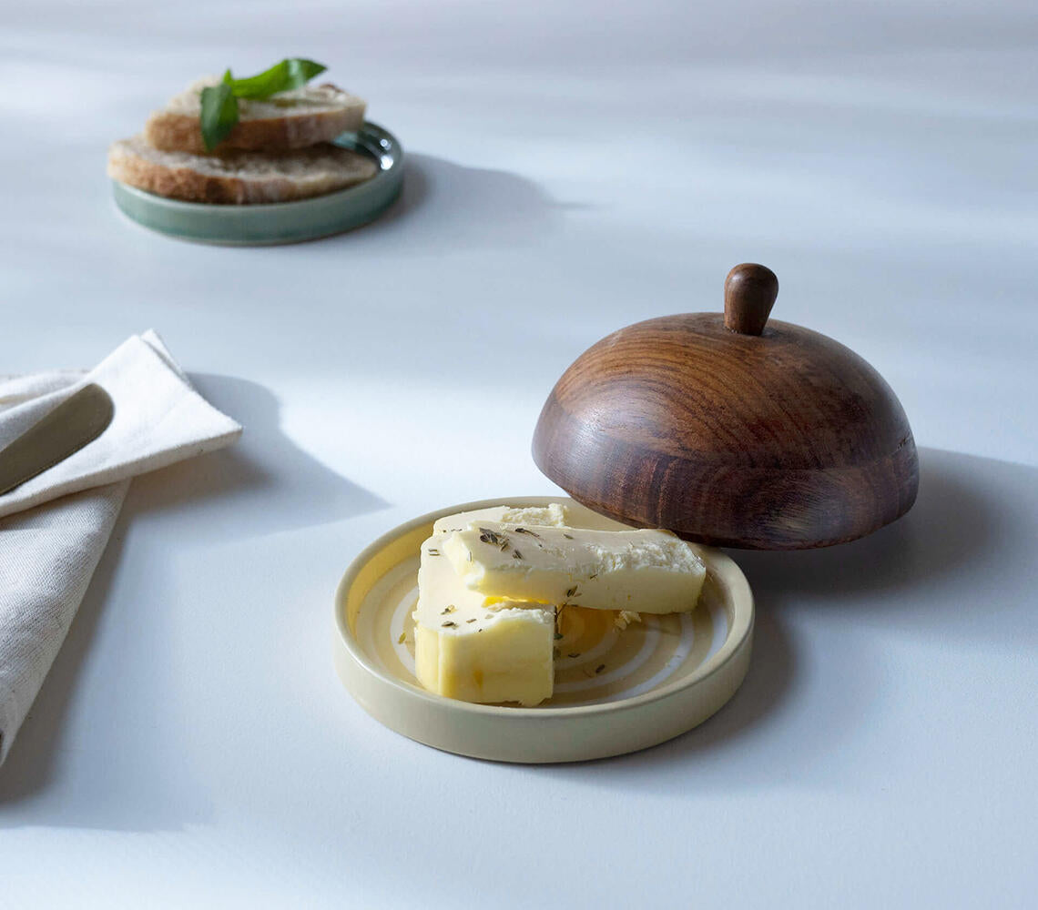 Handmade Ceramic Stripes Butter Dish with Wooden Lid