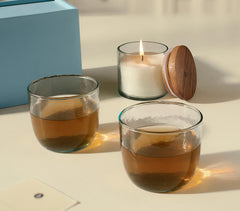 Handmade Glass Cast Natural Soy Wax Filled Glass Jar with 2 Green Tea Cups