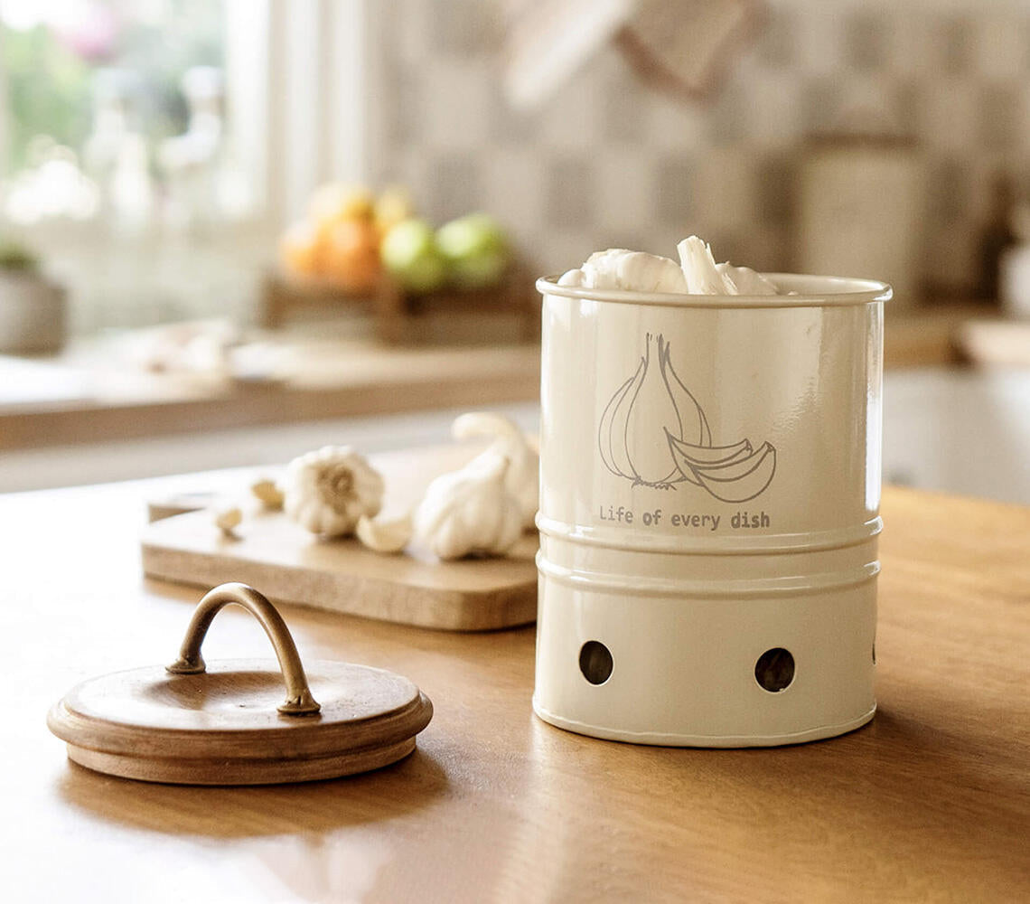 Handmade Metal Garlic Storage Bin with Wooden Lid