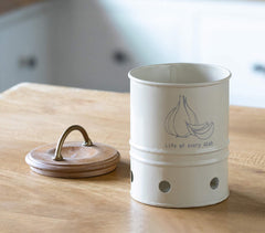 Handmade Metal Garlic Storage Bin with Wooden Lid