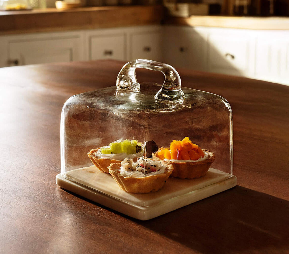 Handmade Square Glass Cast Cloche with Marble Base