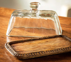 Clear Glass Butter Dish With Wooden Base