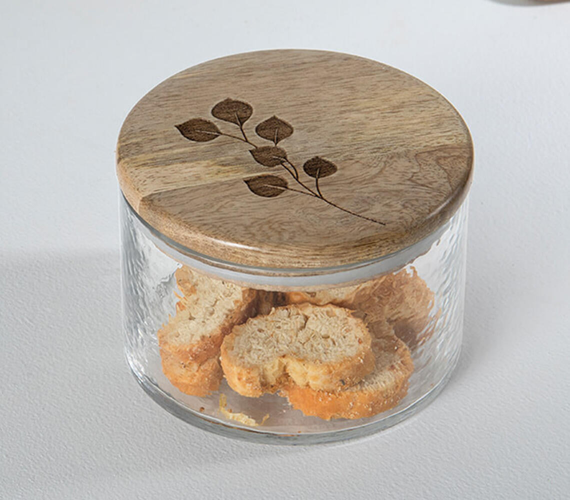 Leafy Twig Glass Jar with Wooden Lid