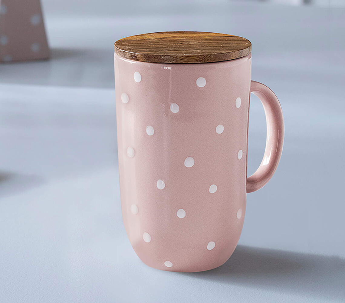Polka-Dot Tall Ceramic Mug with Wooden Lid