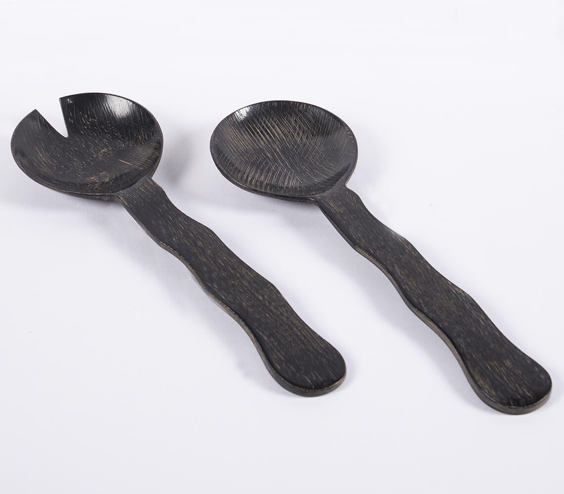 Hand Carved Wavy MDF Noir Salad Servers (set of 2)