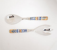 Hand Painted Ceramic & Stainless Steel Salad Servers Combo