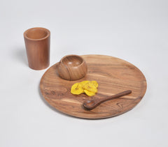 Hand Cut Acacia Wood Set of Plate, Spoon, Bowl & Glass
