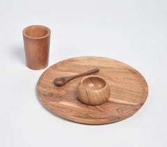 Hand Cut Acacia Wood Set of Plate, Spoon, Bowl & Glass
