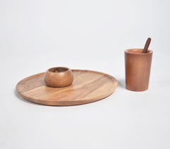 Hand Cut Acacia Wood Set of Plate, Spoon, Bowl & Glass