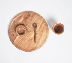 Hand Cut Acacia Wood Set of Plate, Spoon, Bowl & Glass