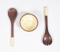 Enamelled Mango Wood Bowl & 2 Salad Servers