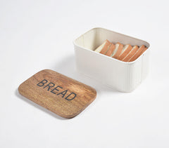 Galvanized Iron Textured Typographic Bread Box with Wooden Lid
