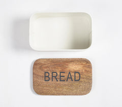 Galvanized Iron Textured Typographic Bread Box with Wooden Lid