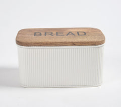 Galvanized Iron Textured Typographic Bread Box with Wooden Lid