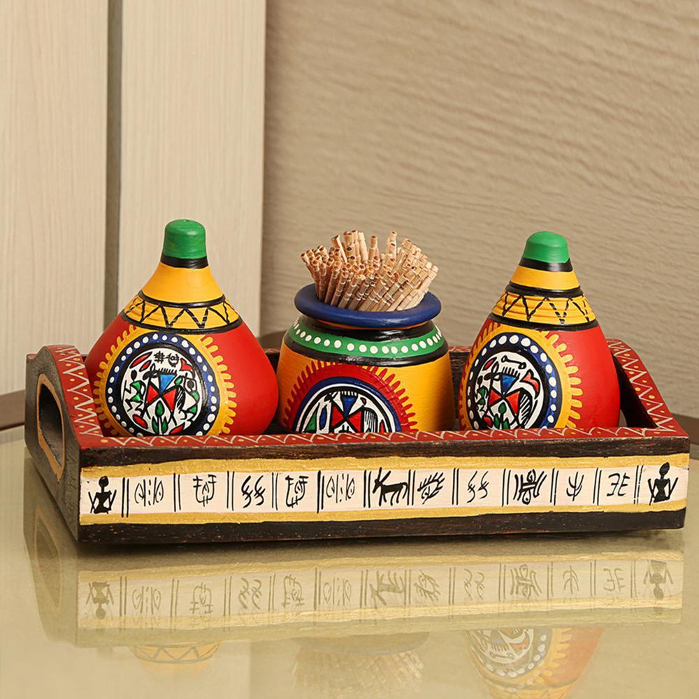 Warli Art Motif Terracotta Salt & Pepper Shakers with Toothpick Holder & Wooden Tray (Set of 3)