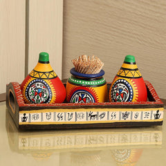 Warli Art Motif Terracotta Salt & Pepper Shakers with Toothpick Holder & Wooden Tray (Set of 3)