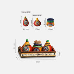 Warli Art Motif Terracotta Salt & Pepper Shakers with Toothpick Holder & Wooden Tray (Set of 3)
