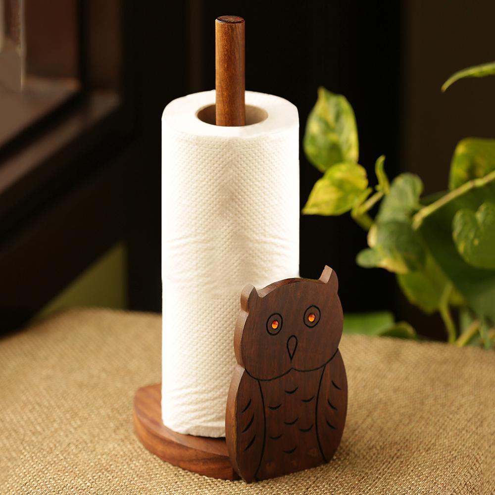 Hand Carved Wooden Tissue Roll Holder with Omniscient Owl Motif