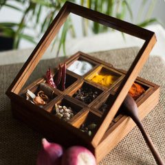Hand Cut Wooden Square Spice Box with Spoon