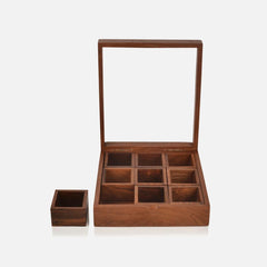 Hand Cut Wooden Square Spice Box with Spoon