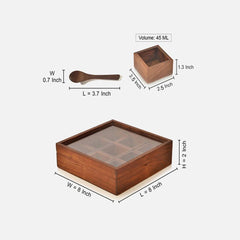 Hand Cut Wooden Square Spice Box with Spoon