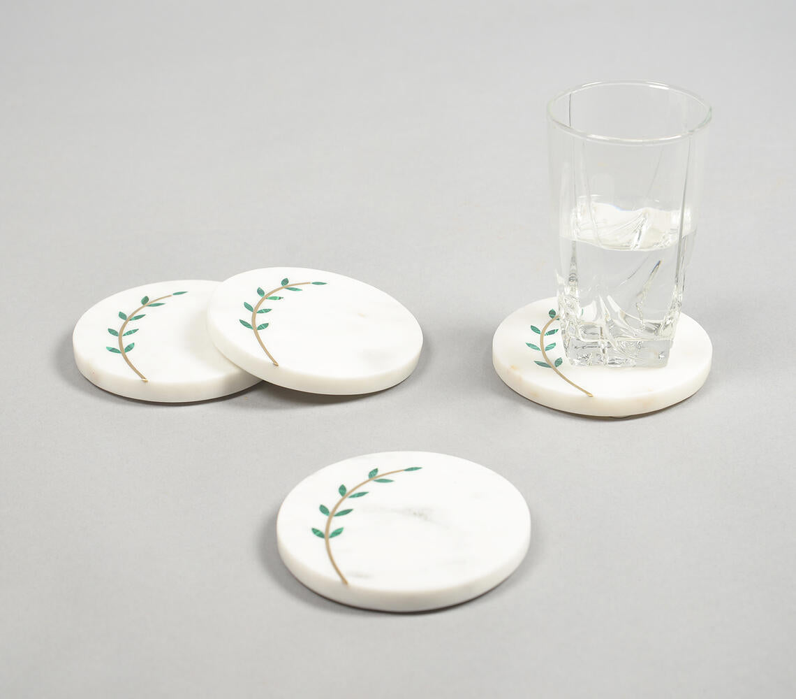 Hand Cut White Marble Leaf Branch Coasters (Set of 4)