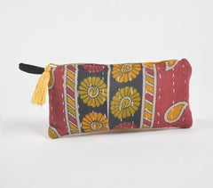 Hand Stitched Upcycled Fabric Pouch with Yellow Tassel