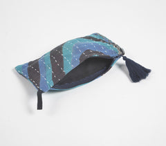 Hand Stitched Upcycled Fabric Blue Pouch