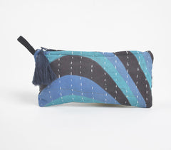 Hand Stitched Upcycled Fabric Blue Pouch