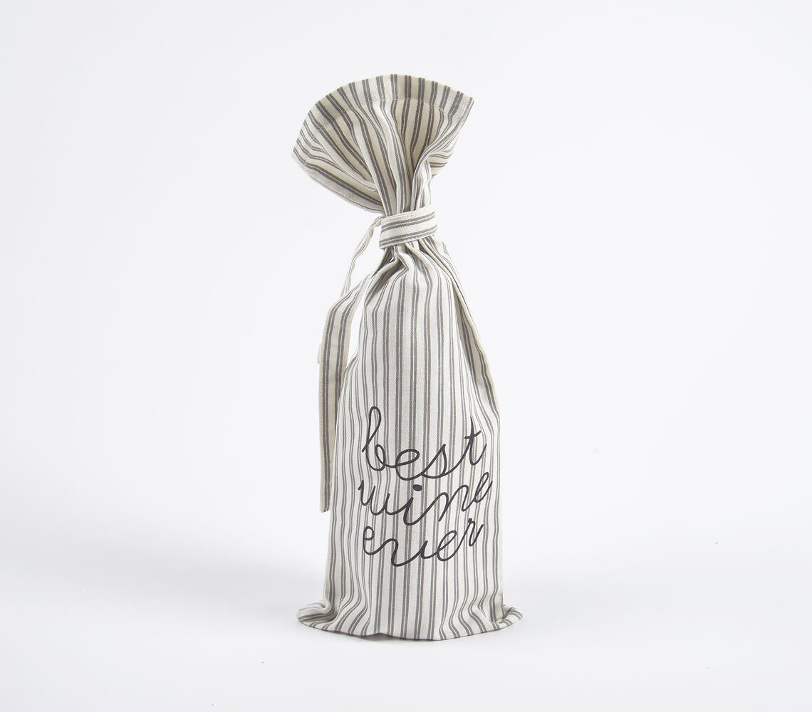 Typographic Striped Drawstring Canvas Wine Bag