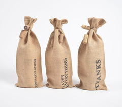 Typographic Drawstring Jute Wine Bags (Set of 3)